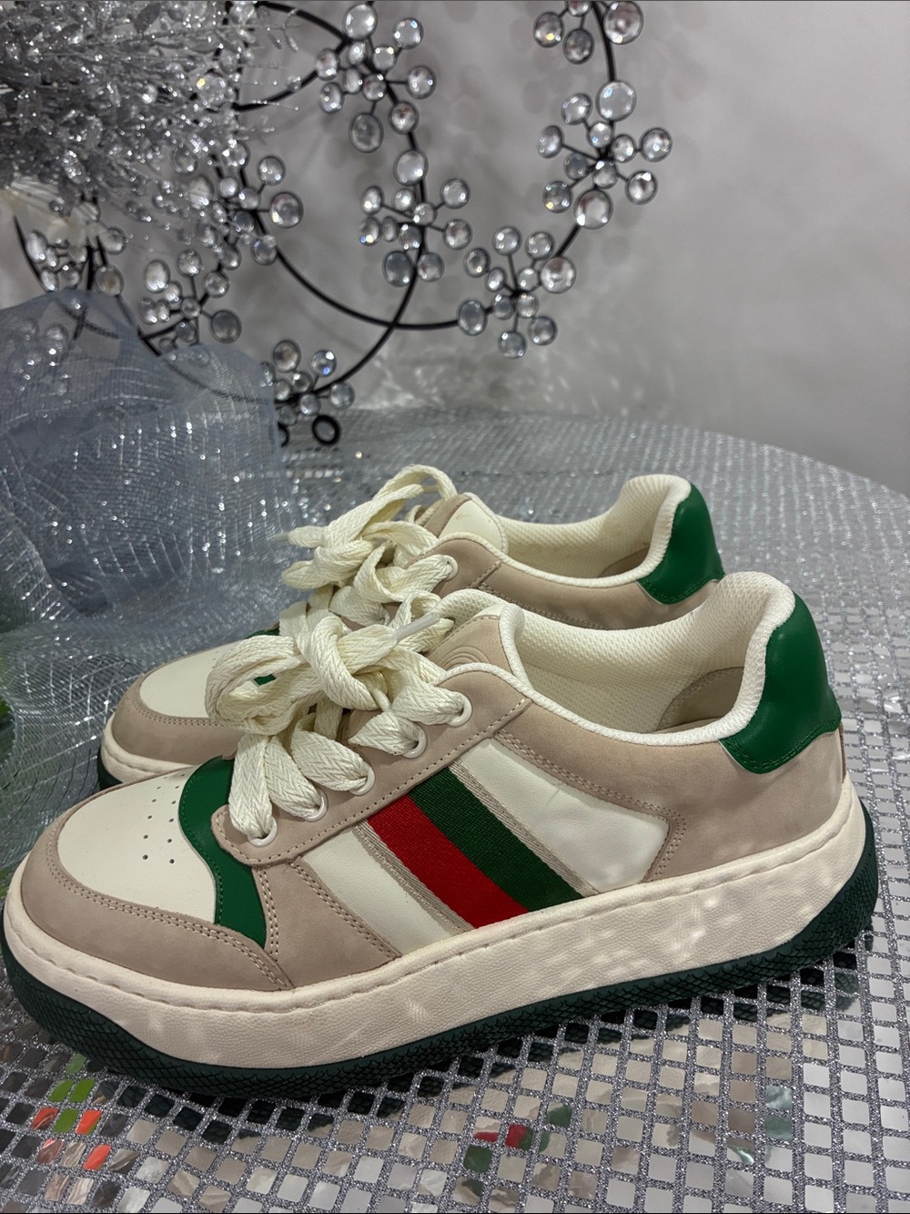 Cream & Green Athletic Sneakers with Red Accent
